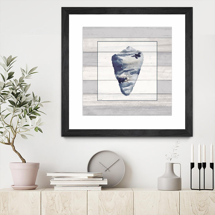 \"Muted Blue Shell On Wood\" Matted and Framed Black 36x36 Wall Art