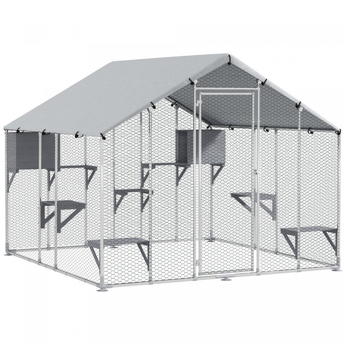 Pawhut 94.5" Extra Large Catio Outdoor Cat Enclosure, Walk In Cat Cage With Waterproof Cover, 2 Resting Boxes, 7 Platforms, Metal Chicken Run Hen House Rabbit Hutch For Outside