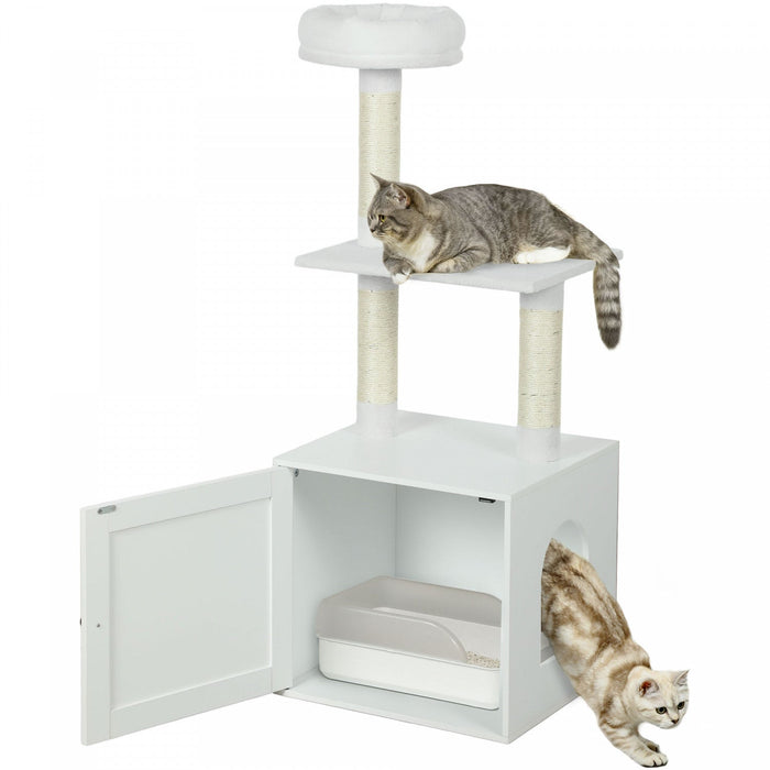 Pawhut Cat Tree With Litter Box Enclosure, Hidden Cat Tower With Sisal Covered Scratching Posts, Large Platform, Bed, Modern Furniture For Indoor Kittens, White