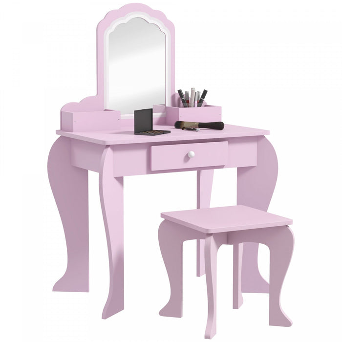 Qaba Kids Vanity Set With Mirror And Stool, Makeup Vanity Table For Children 3-6 Years Old, With Dra