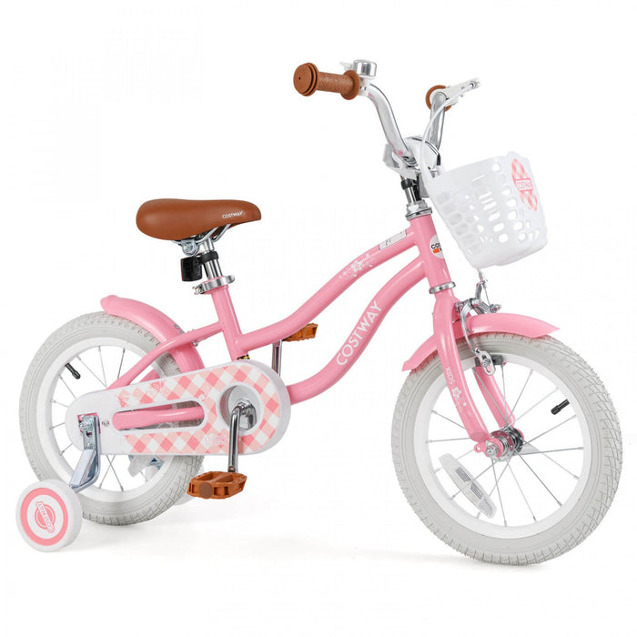 Costway 14" Kid's Bike With Removable Training Wheels & Basket For 3-5 Years Old Pink