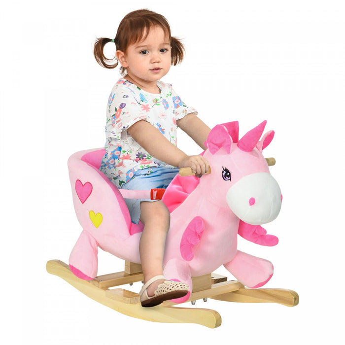 Qaba Baby Rocking Horse Ride On Unicorn With Songs, Toddler Rocker Toy With Wooden Base Seat Safety 