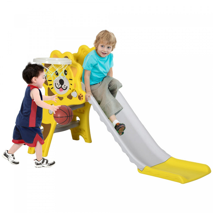 Qaba 2 In 1 Toddler Slide For Indoor, Easy Set Up Kids Slide Playset With Basketball Hoop For 18-36 