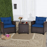 Costway 3pcs Patio Rattan Furniture Set Cushioned Conversation Set Coffee Table Navy