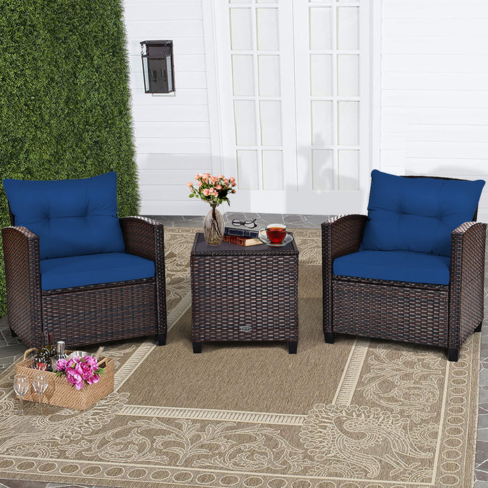 Costway 3pcs Patio Rattan Furniture Set Cushioned Conversation Set Coffee Table Navy