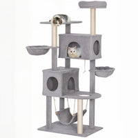 PawHut Cat Tree, 66 Inch Large Cat Tower with 2 Door Condos, 3 Big Hammocks, Plush Top Perch, Sisal Scratching Posts, Multi-level Kitty Tree for Indoor Kittens, Light Grey