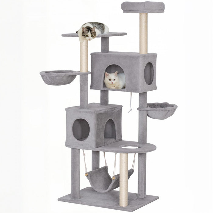 PawHut Cat Tree, 66 Inch Large Cat Tower with 2 Door Condos, 3 Big Hammocks, Plush Top Perch, Sisal Scratching Posts, Multi-level Kitty Tree for Indoor Kittens, Light Grey