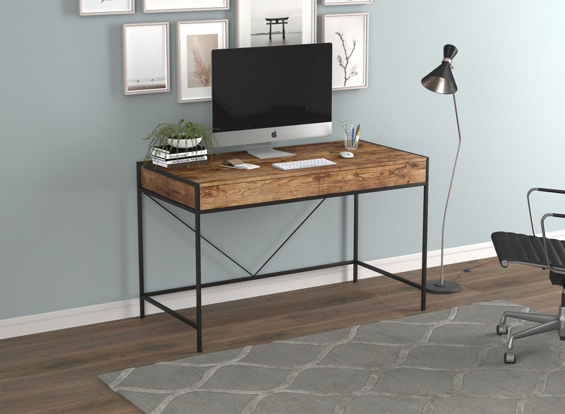 49” Computer Desk With 2 Drawers - Brown Wood With Black Metal 
