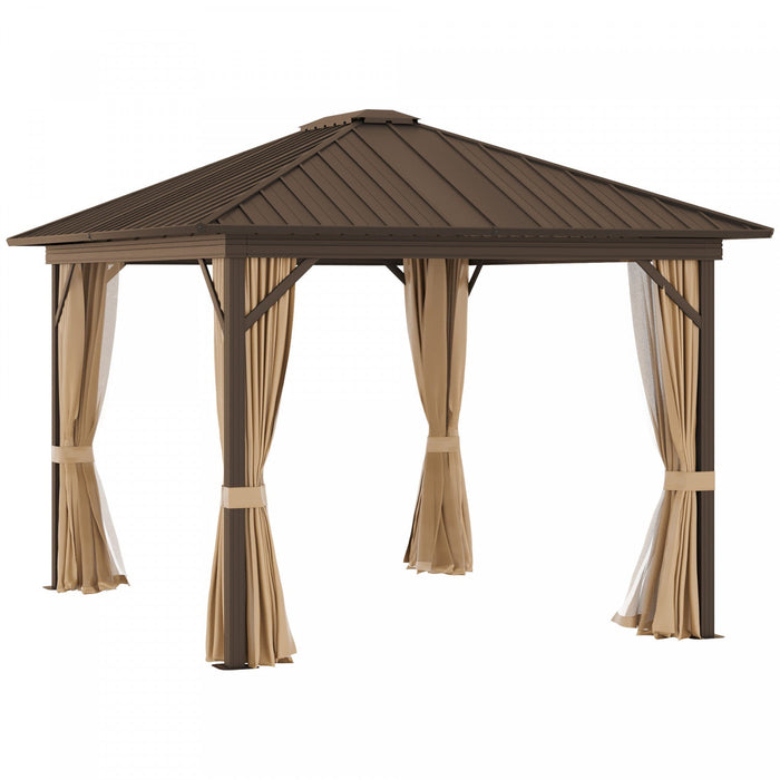 Outsunny 10' X 12' Patio Gazebo Outdoor Hardtop Gazebo With Aluminum Frame, Mesh Nettings, Curtains 