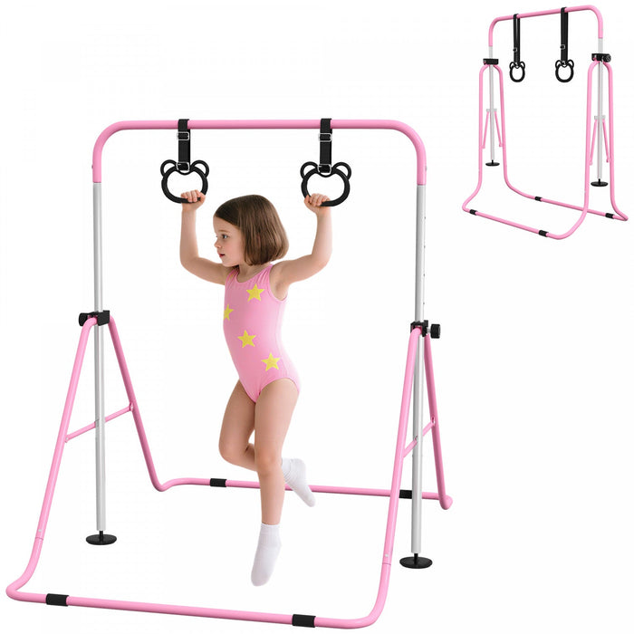 Qaba Gymnastics Bar For Kids, 35"-50" Adjustable Height Foldable Horizontal Bar With Gymnastics Rings, Non-slip Rubber Floor Rings, For Home Training Equipment, Pink
