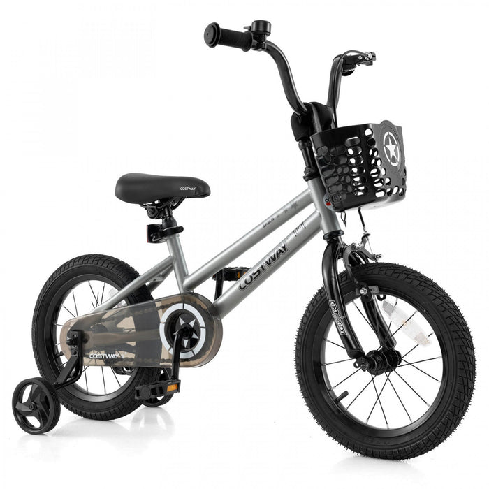 Costway 14" Kid's Bike With Training Wheels Adjustable Handlebar & Seat Handbrake Silver