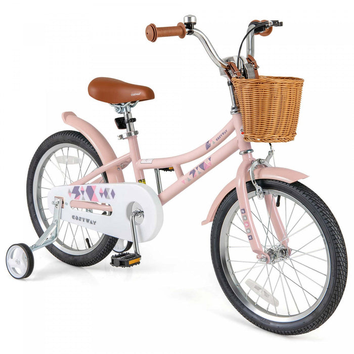 Costway 18" Kids Bike With Height Adjustable Handlebar Seat Basket Bell Training Wheels Pink