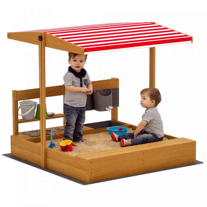 Outsunny Kids Sandbox with Cover, Wooden Sand Box with Adjustable Cover, Kitchen Playset Toys, Seat, Storage, Outdoor Sand Play for 3-7 Years Old, 45 x 43 x 43inch, Red