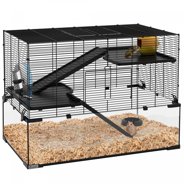 Pawhut Hamster Cage, Gerbil Cage With Glass Basin, Ramps, Platforms, Hut, Exercise Wheel, For Syrian