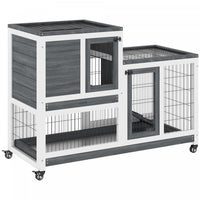 Pawhut Rabbit Hutch Indoor Bunny Cage Guinea Pig House On Wheels With Run, Pull Out Trays, Grey And