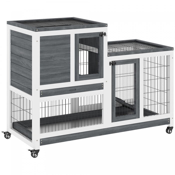 Pawhut Rabbit Hutch Indoor Bunny Cage Guinea Pig House On Wheels With Run, Pull Out Trays, Grey And 