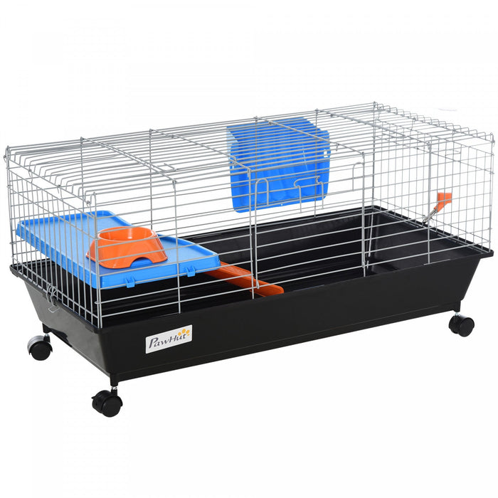 Pawhut 35\" Small Animal Cage, Rolling Bunny Cage, Guinea Pig Cage With Food Dish, Water Bottle, Hay 