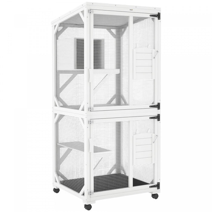 Pawhut 71" H Large Catio Outdoor Cat Enclosure, Wooden Kitten House For Patio, Elevated Design With Wheels, Resting Box, Water-resistant, Multi Platforms, For 1-3 Cats, White