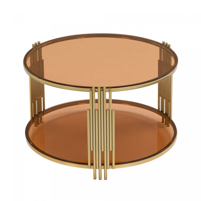 Jonas 31.5\" Round Tempered Glass Coffee Table With Lower Shelf - Brown 