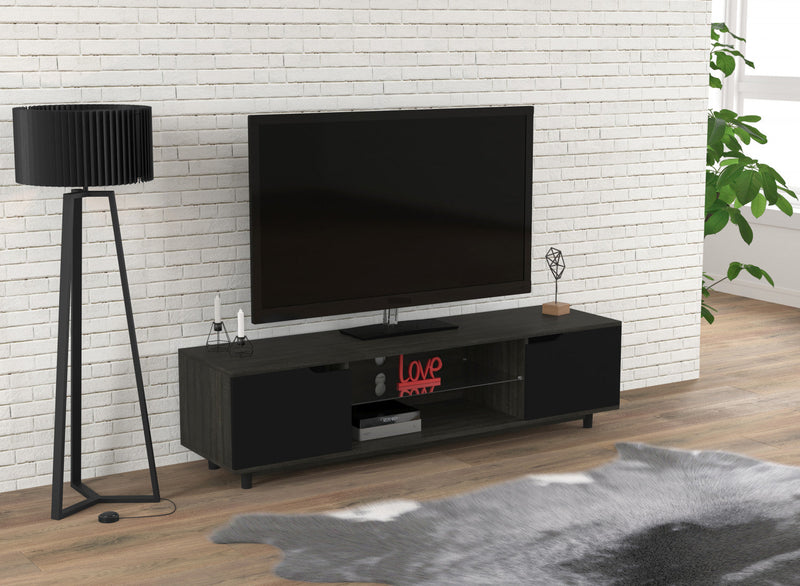 59” TV Stand With 2 Shelves and 2 Black Doors - Dark Grey Wood 