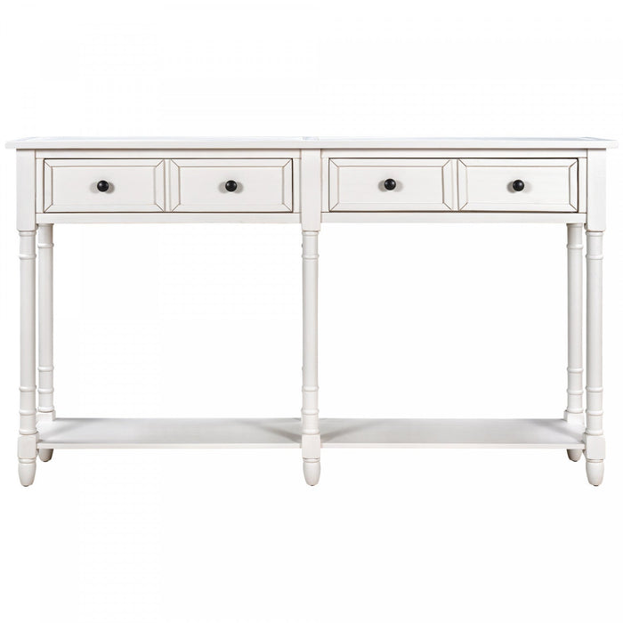 Phyllis Solid Wood Console Table With Drawers And Bottom Shelf - Ivory White 