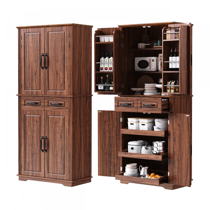 Fabian 72\" Adjustable Shelves Pantry Cabinet With Pull-out Organizers -Brown 