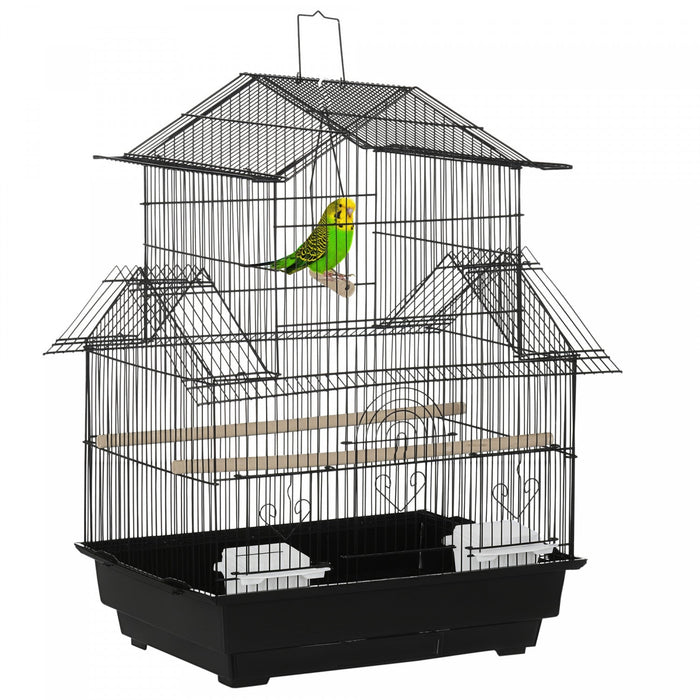 Pawhut 25" Bird Cage For Finches, Canaries, Budgies, Indoor Parrot Cage With Perch, Swing, Food Container, Slide-out Tray, Handle, Black
