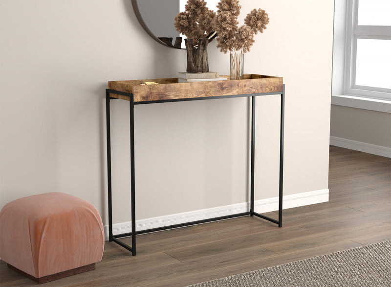 40” Modern Console Table With Sunkey Tray - Brown Reclaimed Wood With Black Metal 