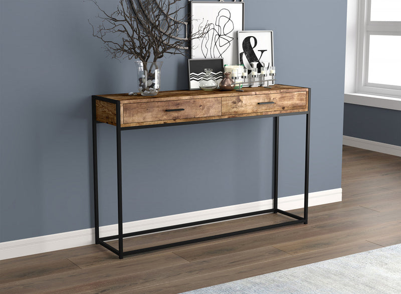 48” Modern Console Table With 2 Drawers - Brown Reclaimed Wood With Black Metal 
