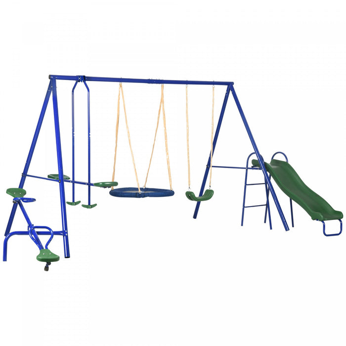 Outsunny 5 in 1 Metal Swing Set with Saucer Swing, Slide, Seesaw, Glider, Swing Seat, Ladder, Kids Swing Set for Backyard, Outdoor, Playground, Multicoloured