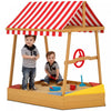 Qaba Kids Sandbox with Cover, 4 Seats, Boat Wooden Sand Pit with Rudder, Deck, Bottom Liner, Outdoor Sand Box for Backyard, Garden, Beach, 52" x 40" x 55.5", for Ages 3-8, Yellow