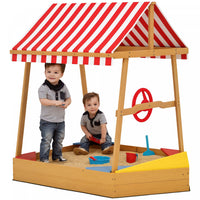 Qaba Kids Sandbox with Cover, 4 Seats, Boat Wooden Sand Pit with Rudder, Deck, Bottom Liner, Outdoor Sand Box for Backyard, Garden, Beach, 52