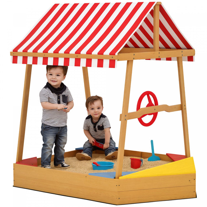 Qaba Kids Sandbox with Cover, 4 Seats, Boat Wooden Sand Pit with Rudder, Deck, Bottom Liner, Outdoor Sand Box for Backyard, Garden, Beach, 52" x 40" x 55.5", for Ages 3-8, Yellow