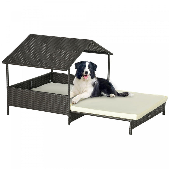 Pawhut Elevated Rattan Dog House Outdoor With Canopy, Extendable Wicker Dog Bed With Water-resistant