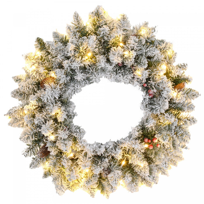 Homcom 24\" Pre-lit Christmas Wreath With Pine Cones And Red Berries Green