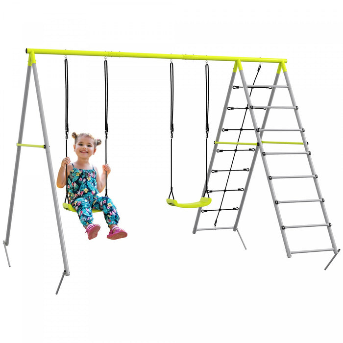 Outsunny 4 In 1 Metal Swing Set With Double Swings, Climber, Climbing Net, Heavy Duty Swing Set For 