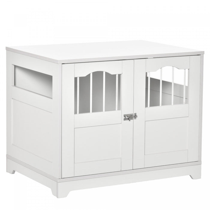 Pawhut 29.5\" Wooden Dog Cage With Windows, End Table Furniture Style, Modern Pet Kennel With Lockabl