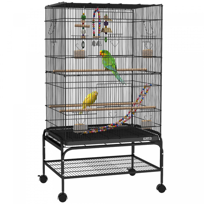 Pawhut 43" Bird Cage For Budgies Cockatiels Canaries Lovebirds Finches With Rolling Stand, Toys, Removable Tray, Storage Shelf, Black
