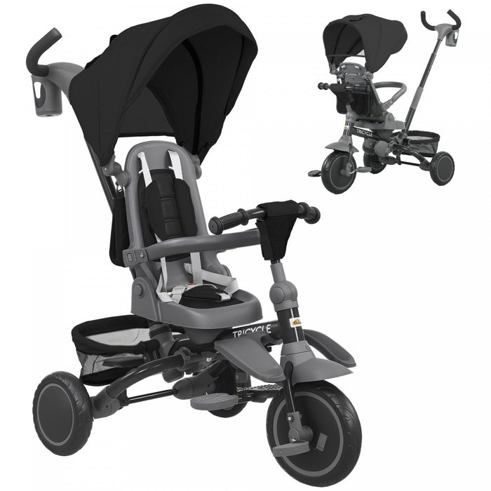 Qaba Toddler Tricycle, 6 In 1 Foldable Kids Trike With Adjustable Push Handle, Removable Canopy, Rotatable Seat, Safety Harness, Detachable Guardrail, For 1-5 Years Old, Black