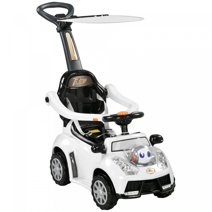 Qaba Push Car, 3 In 1 Kids Ride On Car Toddler Sliding Car With Music, Light, Foot To Floor Baby Car With Handle, Removable Canopy, Safety Guardrail, Horn, White