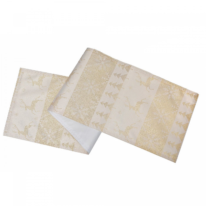 Lurex Table Runner 54\" Gold Jumping Reindeers