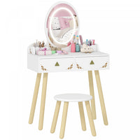 Qaba Kids Vanity, 2 in 1 Girls Vanity Set with Mirror and Stool and Lights, Drawers, Storage Boxes, Toddler Makeup Dressing Table, Pretend Play for Kids Room, Pink