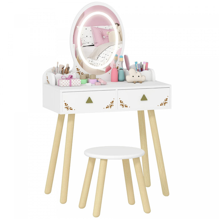 Qaba Kids Vanity, 2 in 1 Girls Vanity Set with Mirror and Stool and Lights, Drawers, Storage Boxes, Toddler Makeup Dressing Table, Pretend Play for Kids Room, Pink