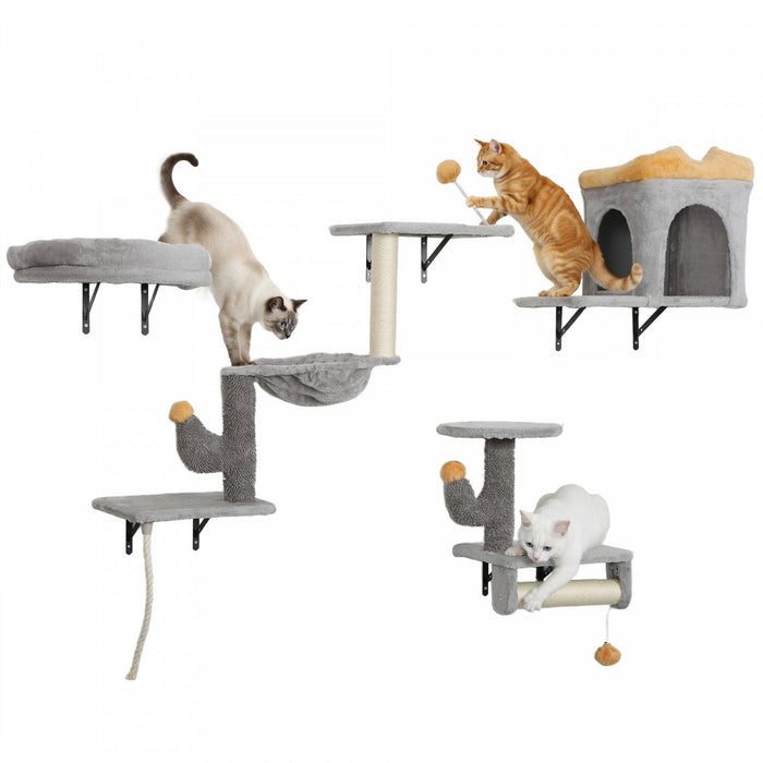 PawHut Cat Wall Shelves, 4 Pcs Cat Wall Furniture Set, Kitty Climber Set with Condo, Scratching Posts, Hammock, Bed, Hanging Pompoms for indoor kittens, Light Grey
