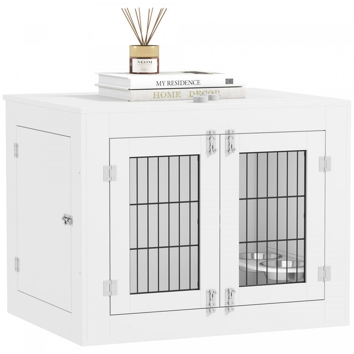 Pawhut 31.5in Dog Crate Furniture With 360° Rotatable Removable Dog Bowls, Dog Kennel Side End Table
