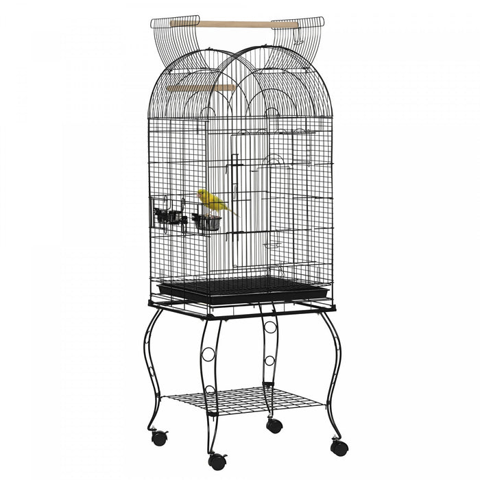 Pawhut 60" Bird Cage With Openable Top, Large Parrot Cage With Rolling Stand, Wheels, Removable Tray, Bowls, Storage Shelf For Cockatie, Sun Conure, Black