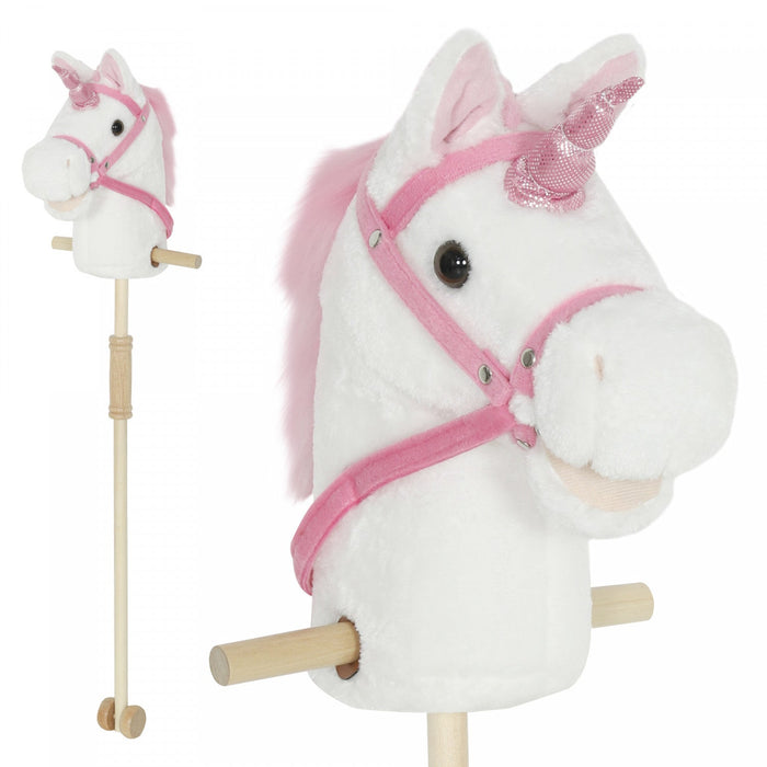 Qaba Unicorn Stick Horse, Plush Handcrafted Hobby Horse with Wood Wheels, Real Pony Neighing and Galloping Sounds, for Kids, Toddlers Pretend Play, White