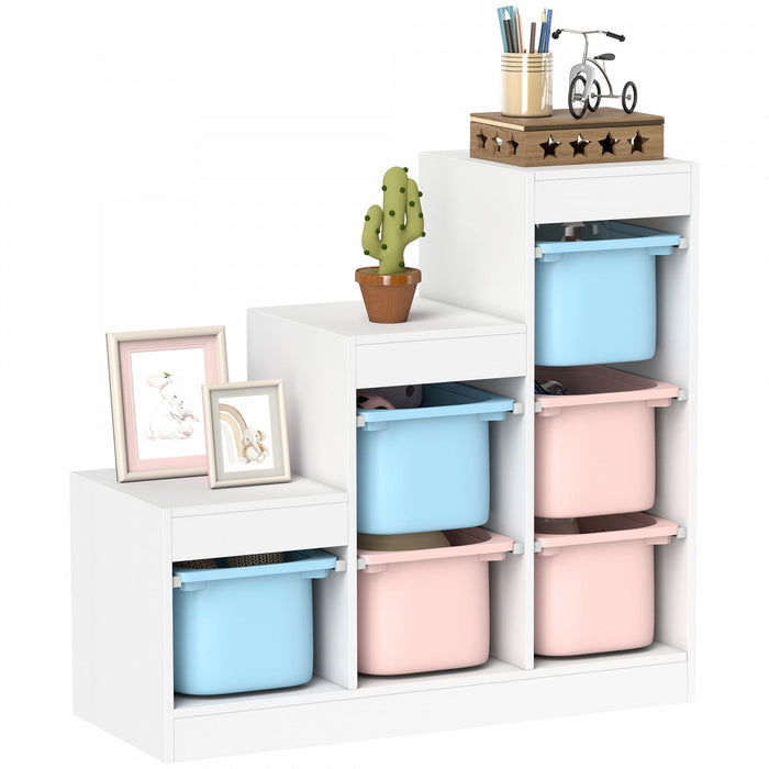Qaba Toy Storage Organizer with 6 Plastic Bins, 3 Layers Children Toy Storage with Anti-tipping Design, for Ages 3–8 Years, Study Room, Playroom, Blue & Pink