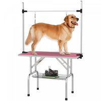 Pawhut Adjustable Dog Grooming Table Rubber Top 2 Safety Slings Mesh Storage Basket Heavy Metal Pink