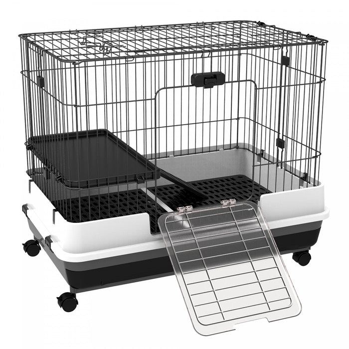 Pawhut 28\"h 2-level Small Animal Cage Rabbit Hutch With Universal Lockable Wheels, Slide-out Tray Fo